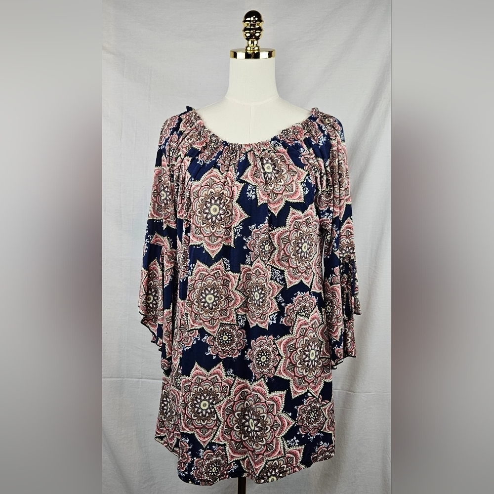 Lildy Tunic Top Bell Sleeve Flower Design Sz Lg Boho Hippie‎ Cottagecore Peasant